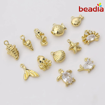 Mặt Vòng cổ sinh vật biển bằng đồng mạ vàng 14K mạ điện với xà cừ bạch tuộc sò điệp và cá ngựa để làm vòng tay trang sức DIY