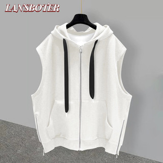 Áo Vest nam LANSBOTER phiên bản Hàn Quốc ins xu hướng màu trơn dây kéo dáng rộng có mũ trùm đầu không tay