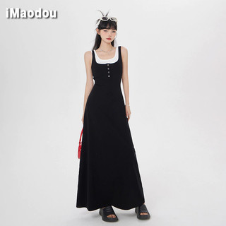 IMAODOU Vintage giả hai mảnh màu va chạm áo lót dây váy co giãn eo mỏng đa năng váy thường ngày