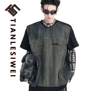 Tianlesiwei Phong cách Mỹ đất hoang phong cách chắp vá thiết kế miếng đệm vai Áo thun mùa hè retro denim Áo thun