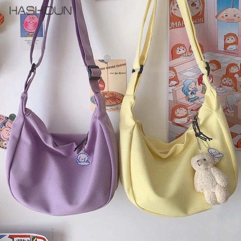 Túi Xách Hashidun Kẻ Sọc Hàn Quốc Màu Trơn Có Túi Sinh Viên Màu Kẹo (Mặt Dây Chuyền Miễn Phí)