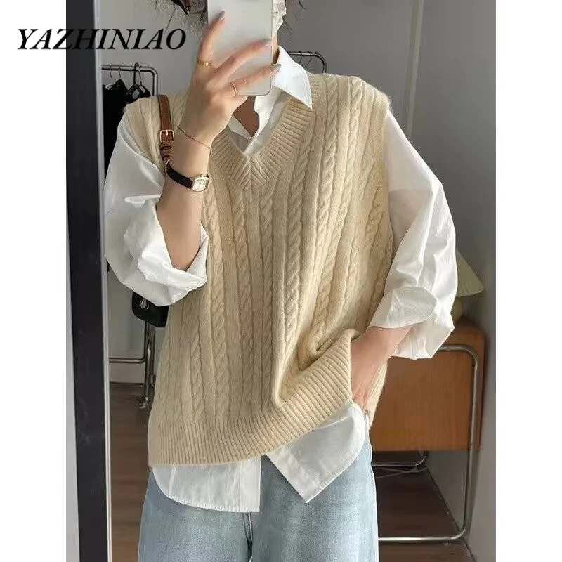 Áo vest nam YAZHINIAO phiên bản Hàn Quốc của áo vest dệt kim cổ trơn đơn giản xếp chồng lên nhau áo ghi lê