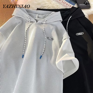 YAZHINIAO nam ngắn tay phong cách đại học cổ điển kiểu Mỹ fashion xu hướng in áo thun lười có mũ trùm đầu
