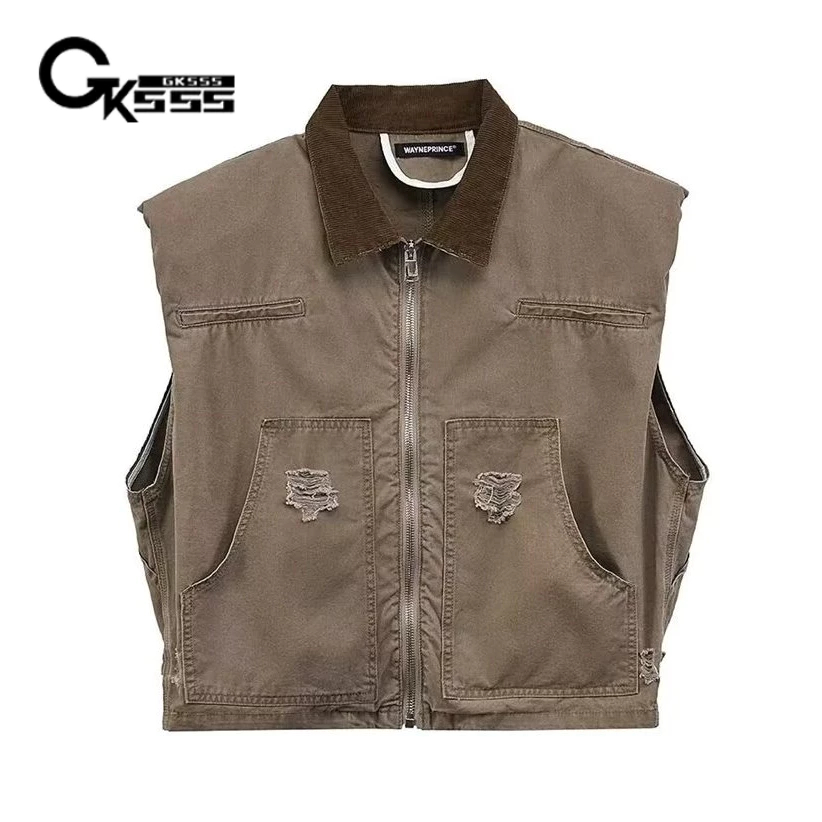 Áo vest nam Gksss Thời trang phong cách Hàn Quốc giặt kaki cổ áo vest denim