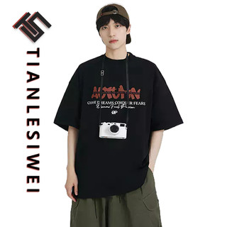 Tianlesiwei Mùa hè cotton nguyên chất dáng rộng giản dị Áo thun ngắn tay in chữ Mỹ
