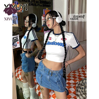 XIYUYI Áo Thun Tay Ngắn Hở Vai Trước Thiết Kế Ngọt Ngào Phong Cách retro Mỹ