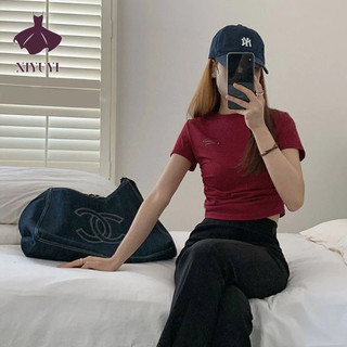 Xiyuyi Áo thun nữ Hot girl phong cách cổ tròn mỏng ngắn rốn áo thun mùa hè phong cách mới vai phải đáy áo sơ mi ngắn tay