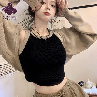 XIYUYI Bộ Áo Khoác cardigan Dệt Kim Tay Dài + Áo Sát Nách Ngắn Màu Khối Mới Dành Cho Bạn Nữ