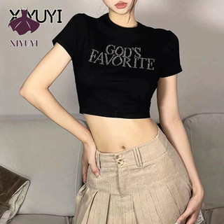 XIYUYI Áo Thun Ngắn Tay Màu Đen In Chữ Phong Cách retro Cho Nữ