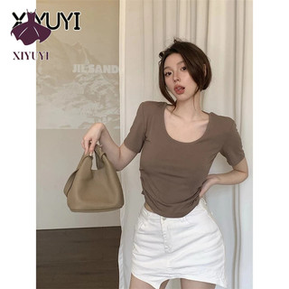 XIYUYI Áo Thun Tay Ngắn Cổ Chữ u Hở Lưng Quyến Rũ Cho Nữ