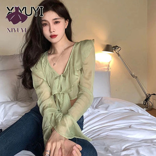 XIYUYI Áo Croptop Vải Voan Nhún Bèo Thời Trang