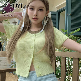 XIYUYI Áo cardigan Dệt Kim Tay Ngắn Viền Gợn Sóng Màu Sắc Ngọt Ngào Dễ Phối Đồ Cho