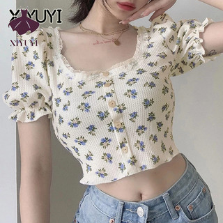 XIYUYI  Áo Thun Ngắn Hở Rốn Tay Phồng In Hoa Phong Cách Cổ Điển Hợp Thời Trang Cho Nữ