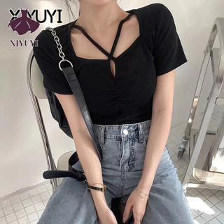 XIYUYI Áo Thun Tay Ngắn Cổ Yếm Màu Trơn Đơn Giản Cỡ Lớn Phong Cách Hàn Quốc