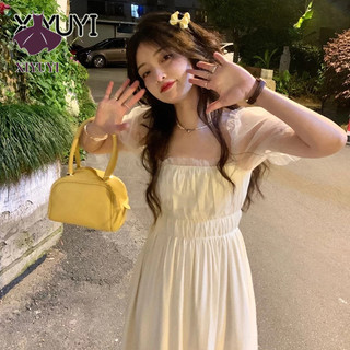 XIYUYI Đầm Dài Cổ Vuông Phối Lưới Phong Cách Hàn Quốc Ngọt Ngào Đơn Giản Cho Nữ