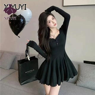 XIYUYI Đầm Cổ Vuông Phối Ren Ôm Eo Thời Trang Mùa Thu Cao Cấp Cho Nữ