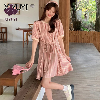 XIYUYI  Đầm Caro Phối Ren Phong Cách Hàn Quốc Ngọt Ngào Thời Trang Xuân Hè Cho Nữ