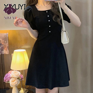 XIYUYI  Đầm Ngắn Cổ Vuông Màu Đen Thời Trang Xuân Hè Phong Cách Pháp Cổ Điển Cho Nữ