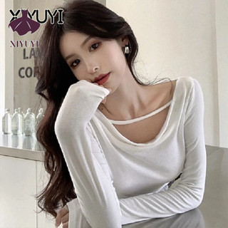 XIYUYI  Áo Thun Tay Dài Cổ Tròn Xẻ Tà Màu Trơn Đơn Giản Phong Cách Hàn Quốc Cho Nữ