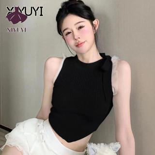XIYUYI Áo Thun Không Tay Cổ Tròn Dáng Ngắn Ôm Sát Đính Nút Đơn Giản Phong Cách Hàn Quốc Cho Nữ