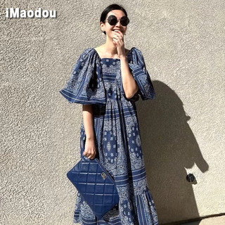 IMAODOU Mùa Hè Hàn Quốc Retro Cổ Vuông Phong Cách Dân Tộc In Hình Rời Tay Bong Bóng Đầm Dài