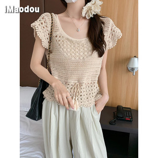 IMAODOU Áo thun ngắn tay dệt kim phong cách dân tộc dành cho nữ mùa hè sang trọng rỗng phần ngắn chống nắng smock áo