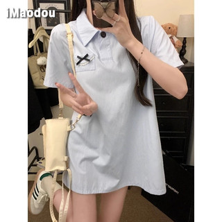 IMAODOU Đầm ngắn tay nơ ren phong cách đại học dành cho nữ mùa hè sọc rộng Váy ngắn giảm tuổi