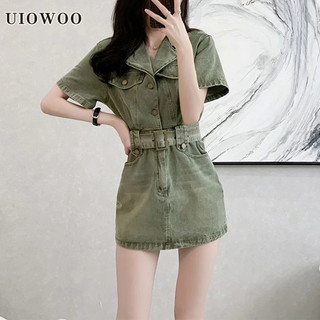 Váy liền bò ngắn tay cổ điển UIOWOO váy ngắn chữ A dễ phối giản dị phong cách công sở nữ