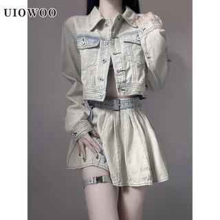 Bộ váy denim dụng cụ UIOWOO váy xếp ly cổ điển Bộ hai chiếc
