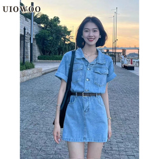 Váy liền chữ a bò cổ điển UIOWOO váy ngắn tay polo váy ngắn tôn dáng gầy cho nữ