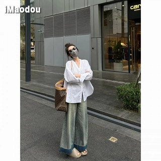 IMAODOU Áo sơ mi nữ cổ chữ v trắng kiểu Pháp mùa hè cảm giác cao cấp về khí chất quần jean dáng rộng nhẹ nhàng