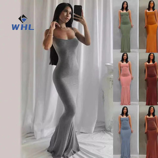 Váy đuôi cá hai dây tôn dáng co giãn cạp cao tôn dáng gợi cảm màu trơn váy liền nữ mặc thường ngày tại nhà