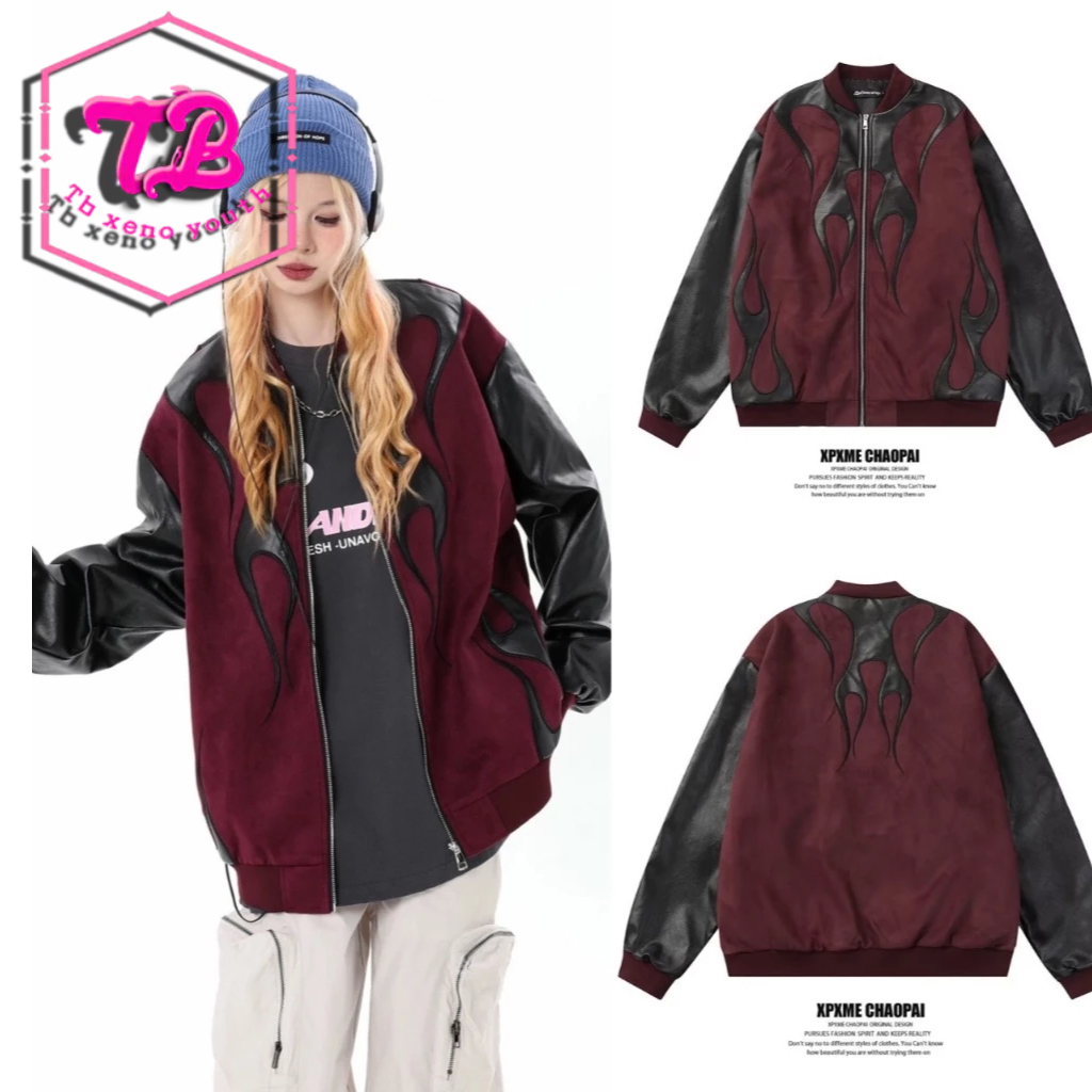  Tb xeno thanh niên Áo khoác bóng chày nam cao đường phố tương phản áo khoác bomber cổ điển dáng rộng hàng đầu 