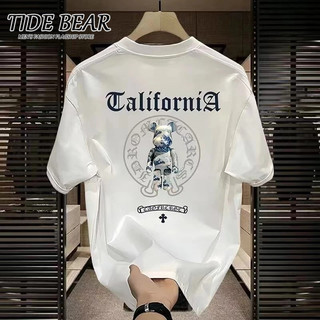 Tide BEAR Phong cách Châu Âu và Mỹ In chữ cổ tròn Áo thun tay ngắn dáng rộng