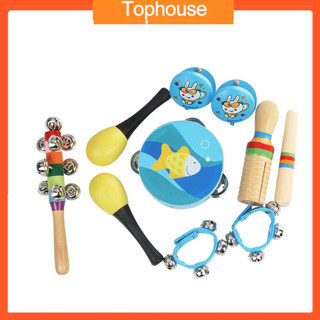 Ĩ 10pcs/set Musical Toys Percussion Instruments Band Rhythm Kit Including Tambourine Maracas Castanets Handbell Wooden G