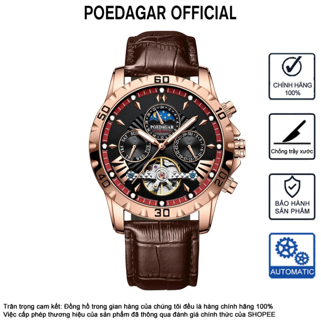 Nam Hoàn Toàn Tự Động Đồng Hồ Cơ POEDAGAR 1410P Dây Da Đồng Hồ Sapphire Pha Lê Thủy Tinh Ống Kính Đa