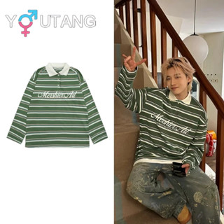 Youtang American retro sọc tương phản ve áo dài tay áo polo mùa thu nam nữ dáng rộng