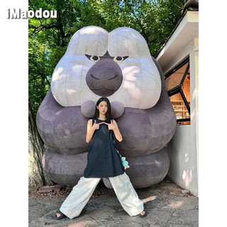 IMAODOU Vintage giặt denim không tay áo vest nữ mùa hè dáng rộng cổ tròn khí chất Váy chữ A váy ngắn