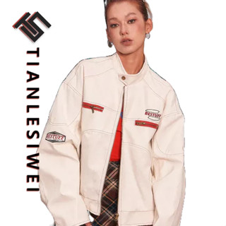 Tianlesiwei Mùa thu retro nam nữ dáng rộng giản dị áo khoác da pu kiểu dáng xe máy đường phố cao cấp kiểu Mỹ