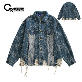 Gksss Nam Denim Áo Khoác Mỹ Retro Thương Hiệu Thời Trang Bướm Jacquard Rách Denim Áo Khoác