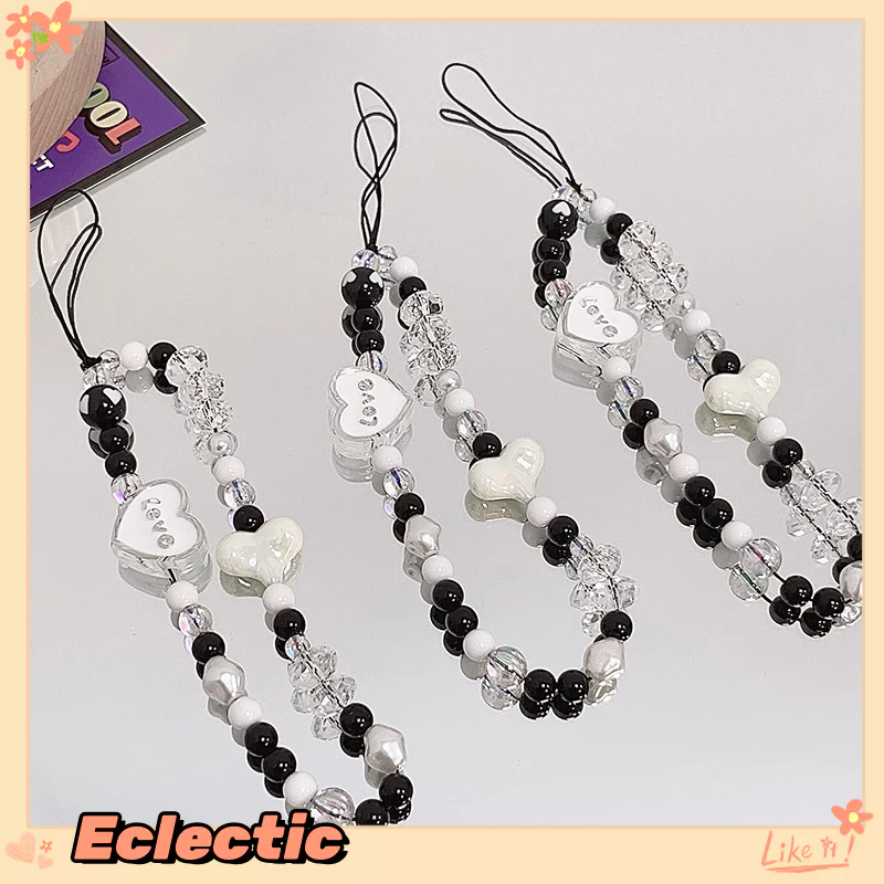 - Eclectic - Dây đeo điện thoại di động Kitty mèo hình trái tim đính hạt màu đen và trắng màu hồng để chống mất mát