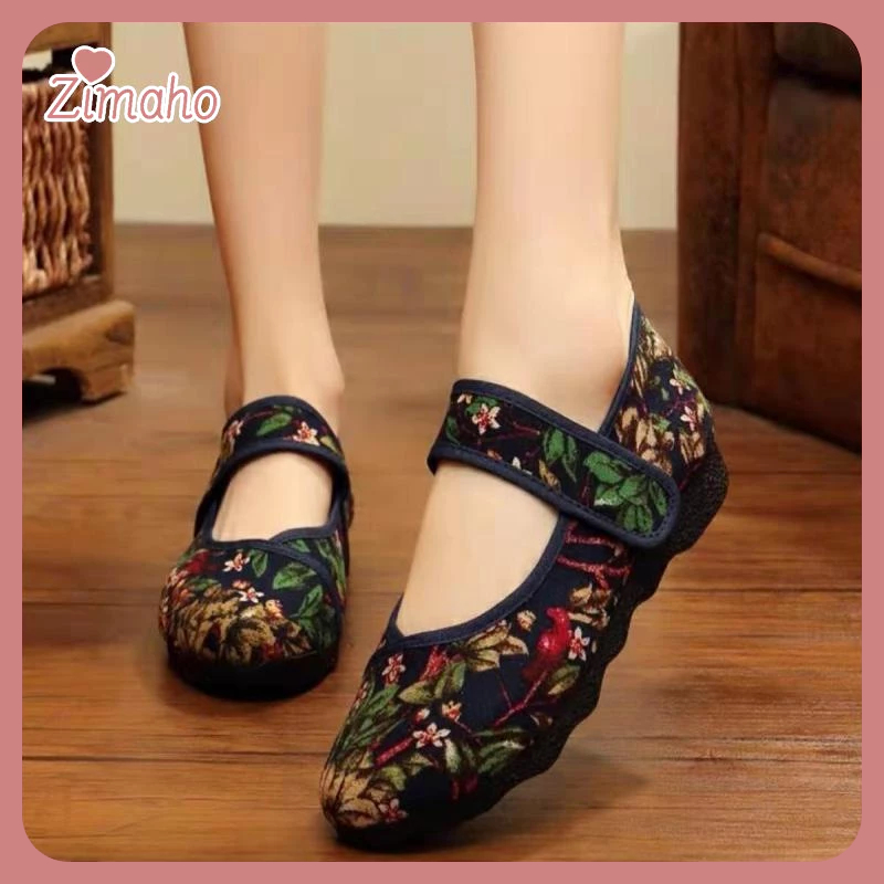 ZIMAHO❤ Giày Khiêu Vũ Đế Mềm Thoáng Khí Họa Tiết Thổ Cẩm Thời Trang Xuân Thu Cho Nữ Trung Niên