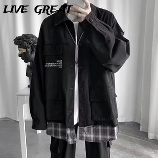  Live GREA Áo khoác nam thời trang Hàn Quốc Phong cách Hồng Kông Hợp thời trang nối áo dài tay dáng rộng 