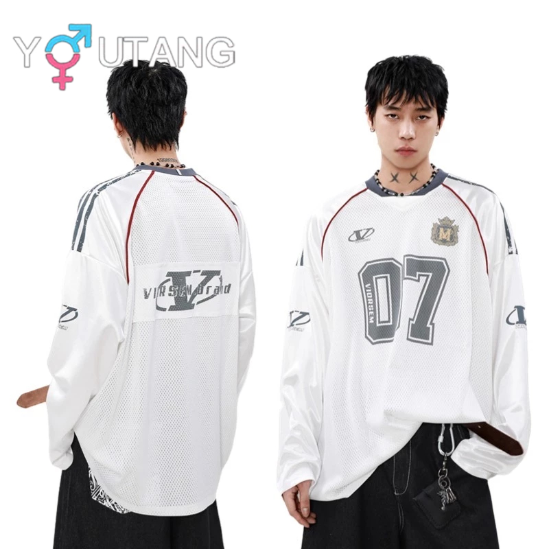 Youtang Mùa hè retro lưới số 7 áo thun dài tay đường phố cao cấp Mỹ dành cho nam và nữ Áo thun thể thao dáng rộng