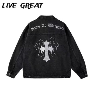 Live GREAT Denim Coat Nam Mỹ Retro Đau khổ Cặp đôi Áo khoác bảo hộ lao động