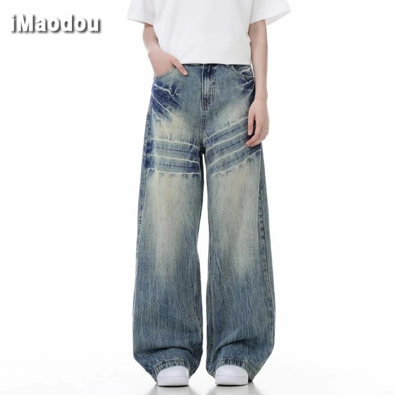 iMaodou Quần jean ống rộng dáng rộng American High Street Wear Retro Straight 2024 Phong cách mới