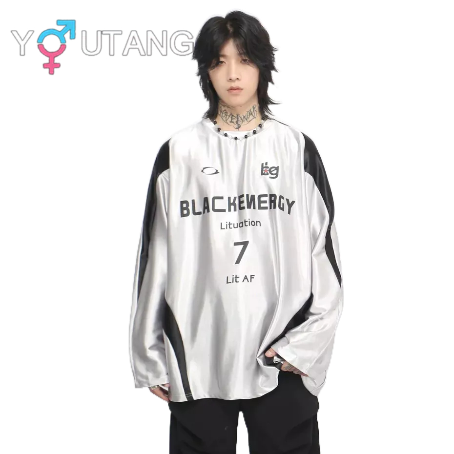 Youtang Áo thun dài tay nam nữ đường phố Mỹ mùa thu oversize màu bạc phong cách thể thao