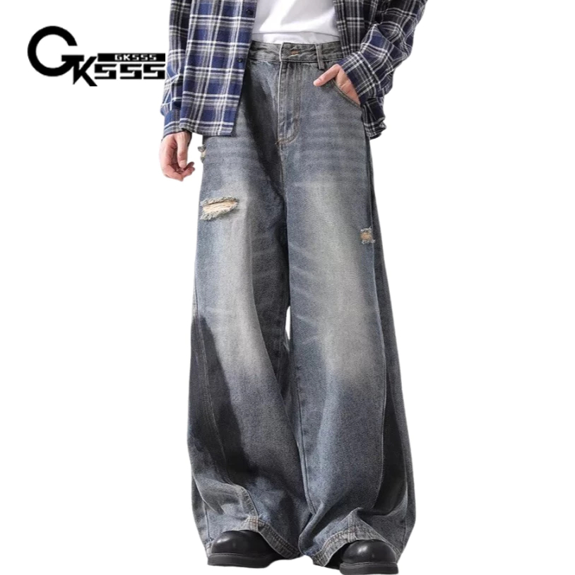 Quần jean nam Gksss Mỹ retro dáng rộng giản dị phong cách trung lập graffiti rách quần jean