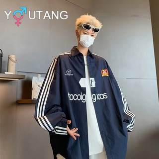  Youtang American high street sọc ba thanh dáng rộng oversize áo sơ mi thể thao áo khoác mùa thu nam nữ thêu áo sơ mi 