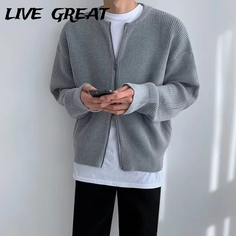  LIVE GREAT Áo Khoác Dệt Kim Dáng Rộng Màu Trơn Đơn Giản Dễ Phối Đồ Thời Trang Phong Cách Hàn Quốc Cho Nam 